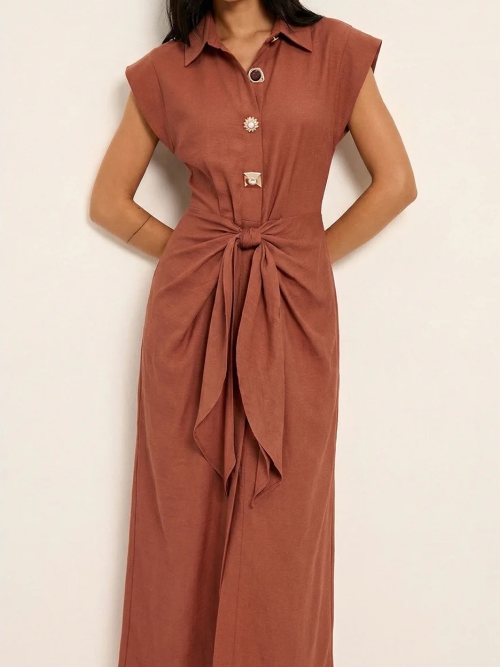 Women's Rust Sleeveless Tie-Waist Maxi Dress